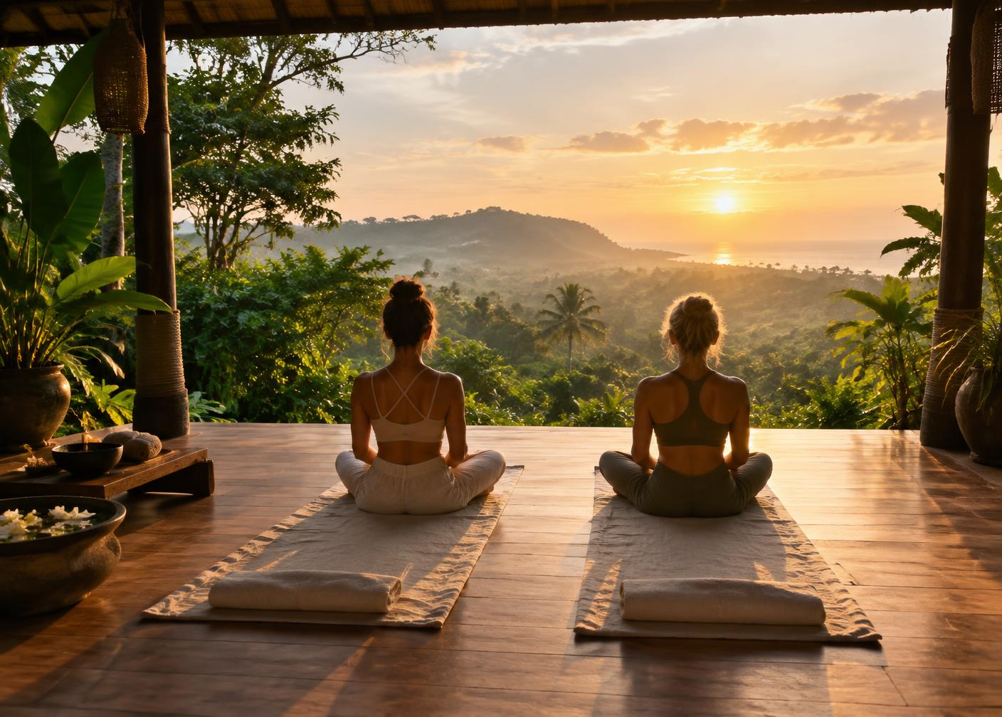 Wellness retreat overlooking a tropical coast at sunrise